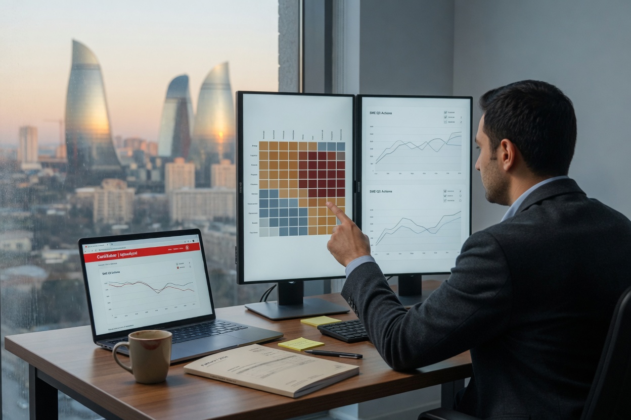 Editorial photo of a financial analyst in a Baku office reviewing market dashboards on