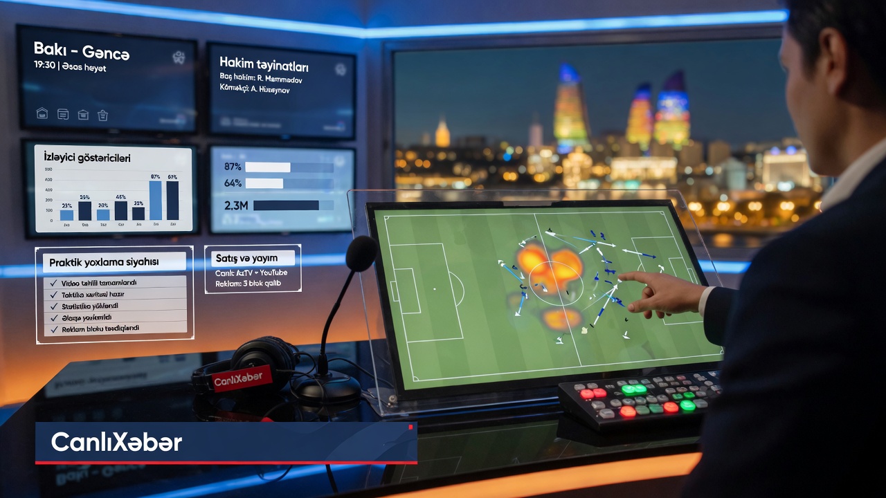 Photographic CanlıXəbər studio during live match review and predictions, with tactical board and Baku/Ganja